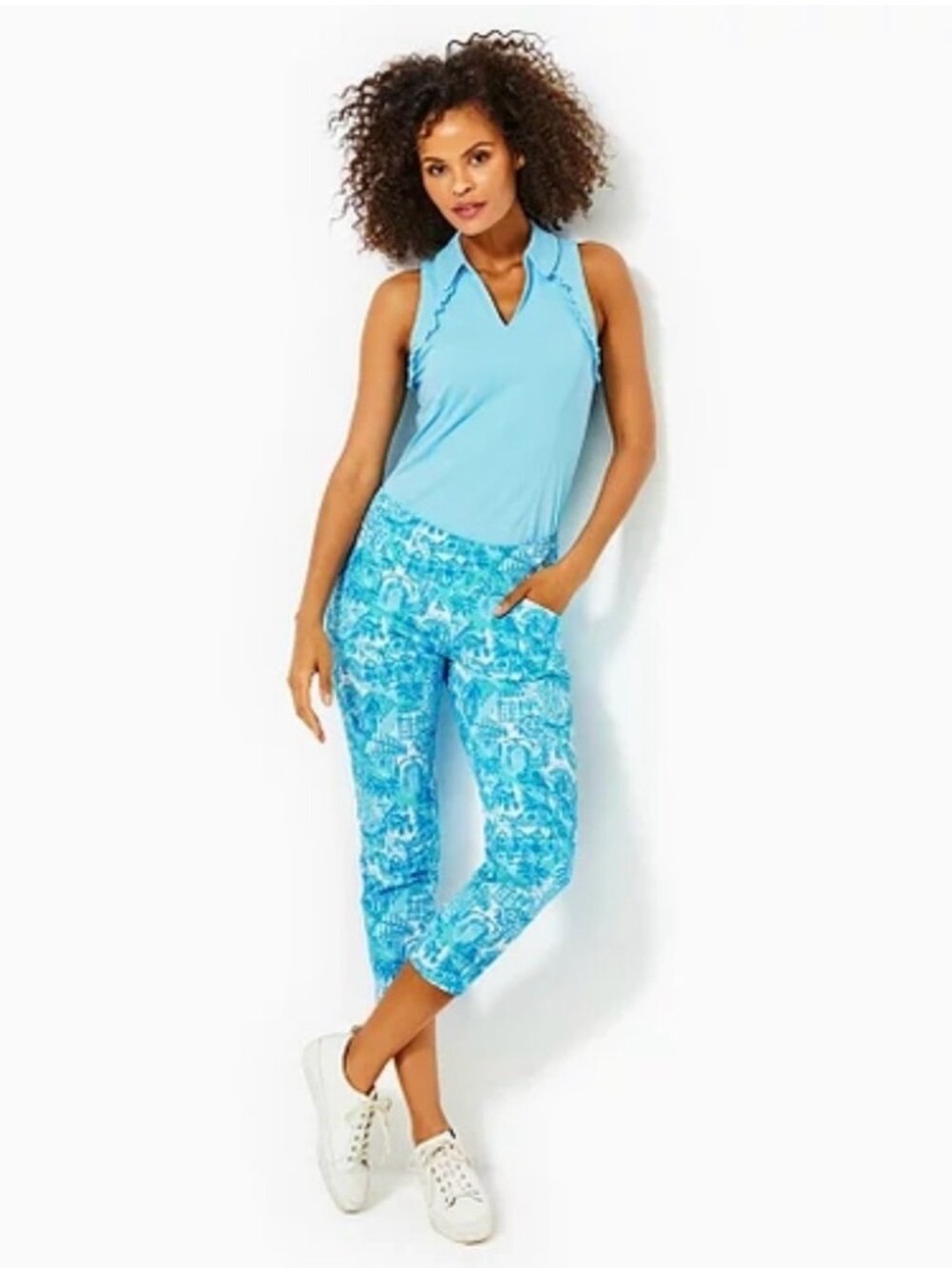 Lilly Pulitzer Luxletic Crop Corso Pants in Sunny State of Mind Amalfi Blue EUC